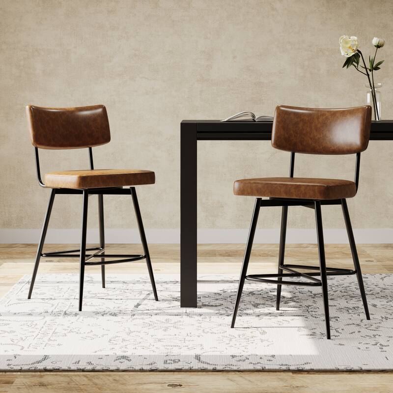 Roomfitters 26'' Retro Swivel Counter Stools, Set of 2 PU Leather Bar Chairs with Cushioned Seat and Iron Frame - Brown
