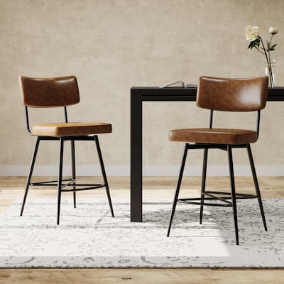 Vintage PU Leather Counter Stools Set of 2 Swivel Barstools with Ergonomic Curved Backrest and Bowknot-shaped Footrest