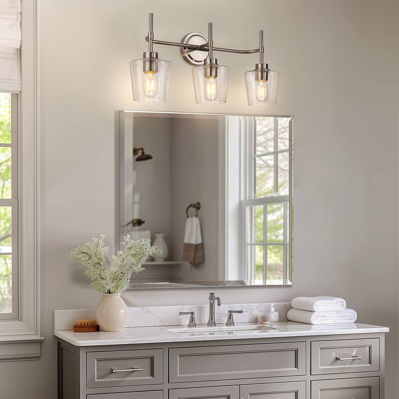 YANSUN 22.4 in. 3-Light Brushed Nickel Vanity Lighting for Modern Bathrooms with Stylish Glass Shades - OA-JQ34201CNK-3A**