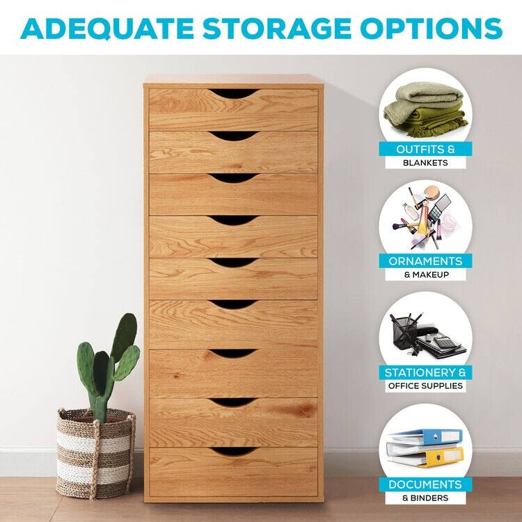 Narrow Wooden 9-Drawer Cabinet with Smooth-Glide Drawers, Top Storage Shelf, and Space-Saving Design