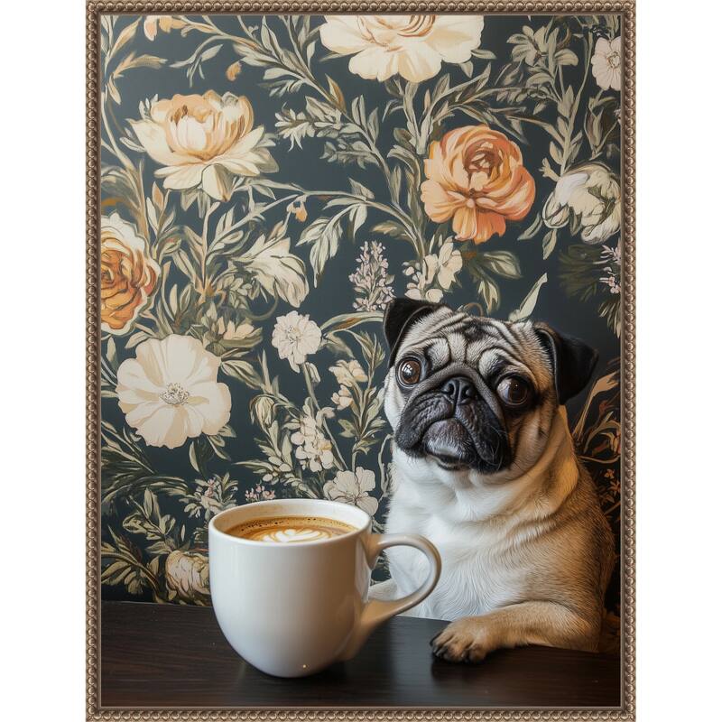 The Latte Loving Pug by Mowzu Framed Canvas Wall Art
