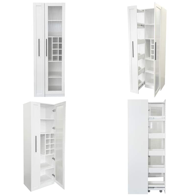 Pull-Out Multi-Tier Shelf Pantry Cabinet with Glass Doors