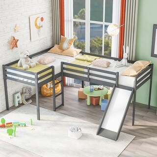 Solid Pine Wood L-Shaped Twin Size Loft Bed with Ladder and Slide - Bed ...