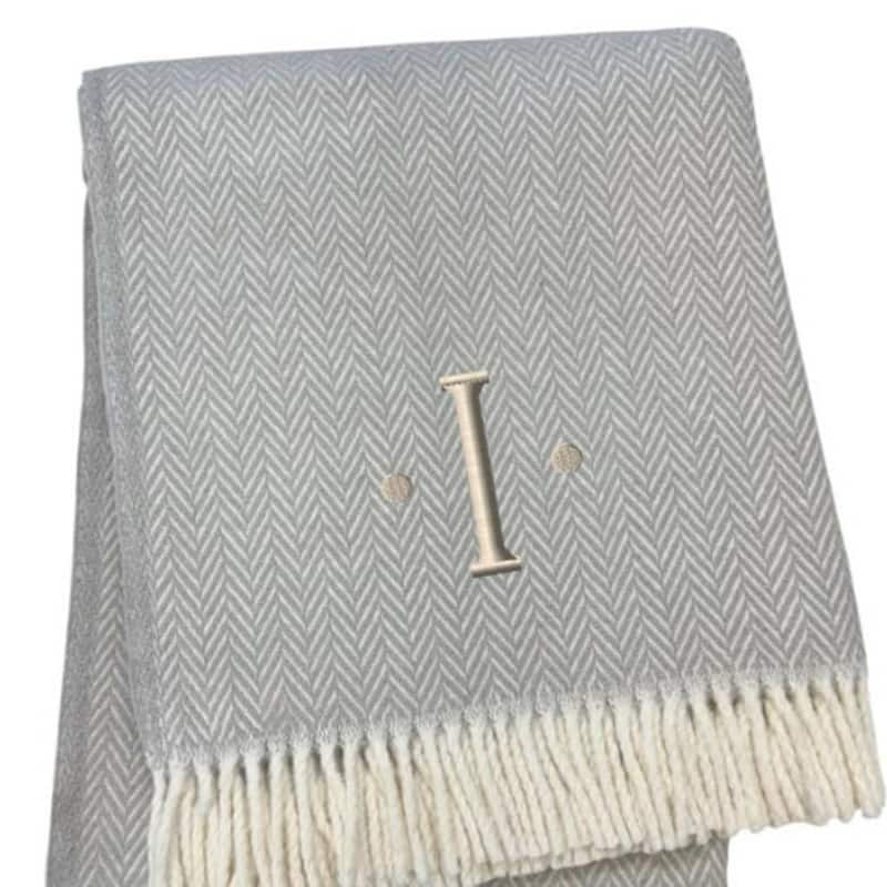 HomeRoots 55" X 70" Gray And White Herringbone Cotton Blend I Throw Blanket with Tassels And Embroidery