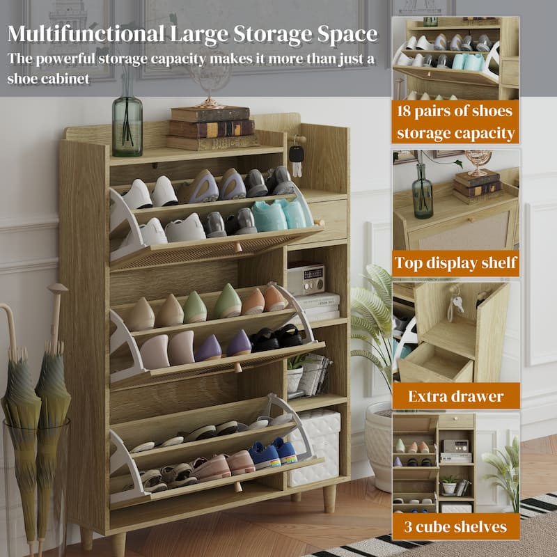 Freestanding Shoe Storage Cabinet, Narrow Hidden Shoe Rack with 3 Rattan Flip Drawers, 3 Square Shelves & 1 Storage Drawer