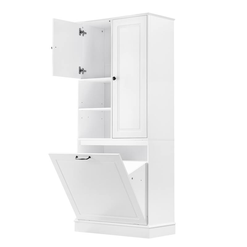 Tall Storage Cabinet with Adjustable Shelves, Large Flip-Out Basket & Enclosed Cabinets