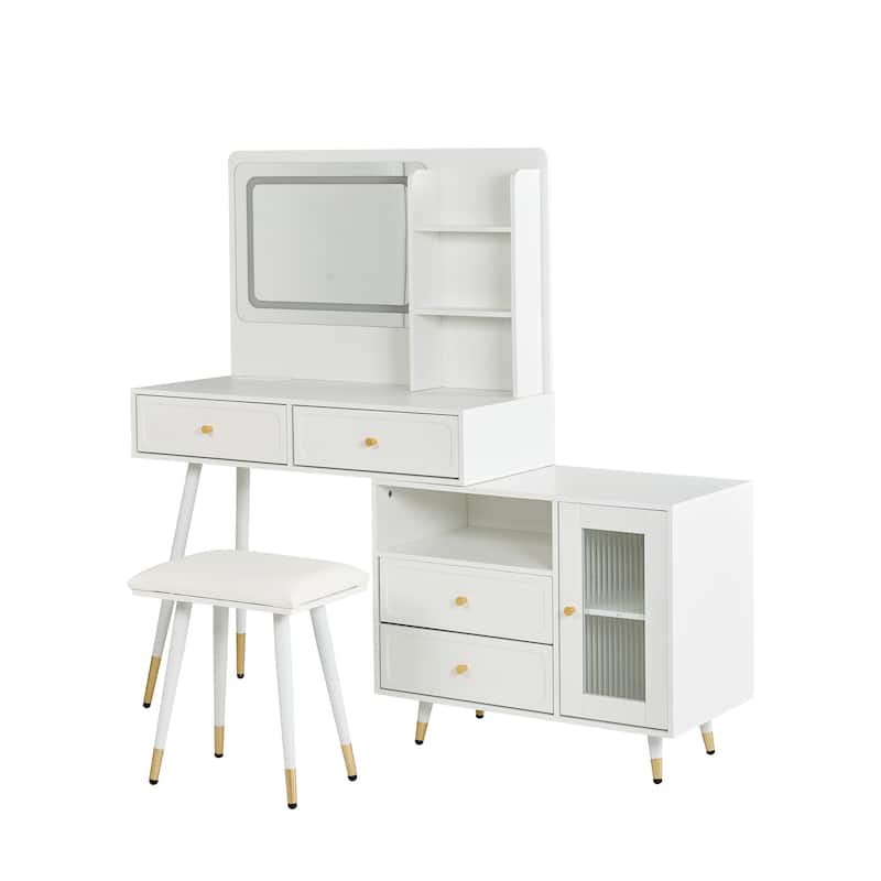 Modern Makeup Vanity Set with PU Cushioned Stool, Retractable Dressing Table Vanity Desk with Mirror, Light & Power Outlet