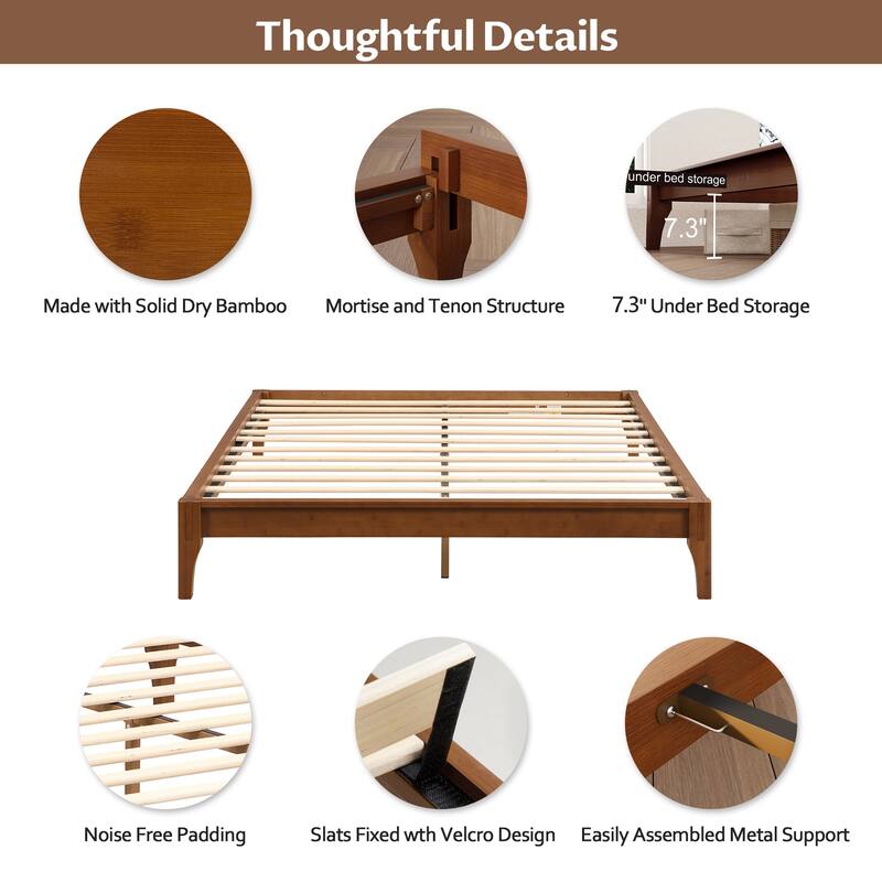 Bamboo Bed Frame Modern Platform Bed Wood Slat Support Low Profile Bed Open Frame with Under Bed Storage and Center Support Legs