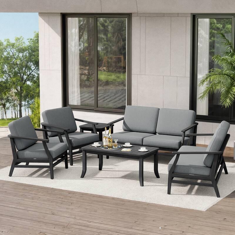 Teak Outdoor Patio Conversation Set with Cushions and Tables (6-Piece) - Light Grey - Black Wood
