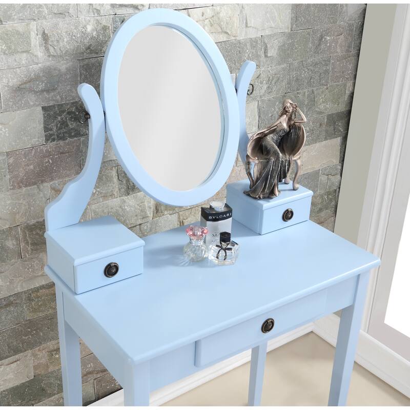 Bedroom Makeup Vanity Desk and Stool Set, Vanity Set Includes Dressing Table, Swivel Adjustable Oval Mirror and Stool