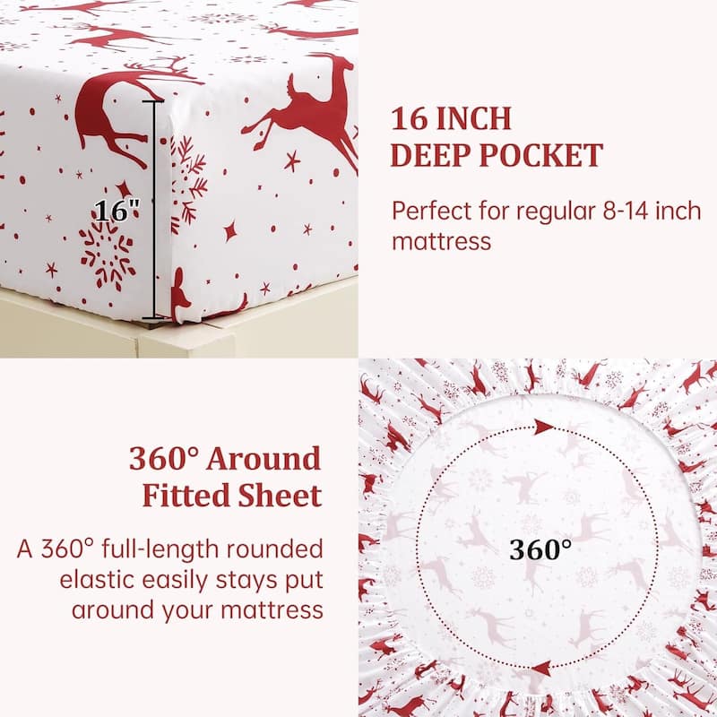 Christmas Soft Red Reindeer Holiday Bed Sheets Set with 16 Inches Deep Pocket