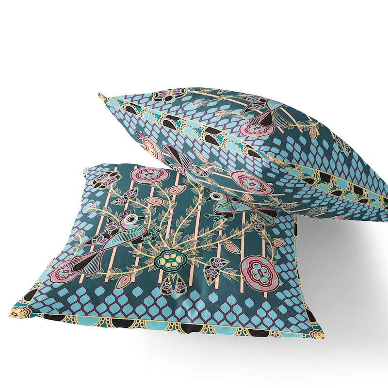 HomeRoots Set of Two 16" X 16" Green and Pink Peacock Blown Seam Floral Indoor Outdoor Throw Pillow - 16.00' X '16.00' X '5.00