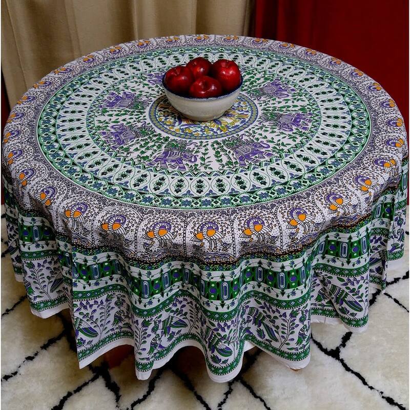 Mighty Elephant and Peacock Print Cotton Tablecloth Round