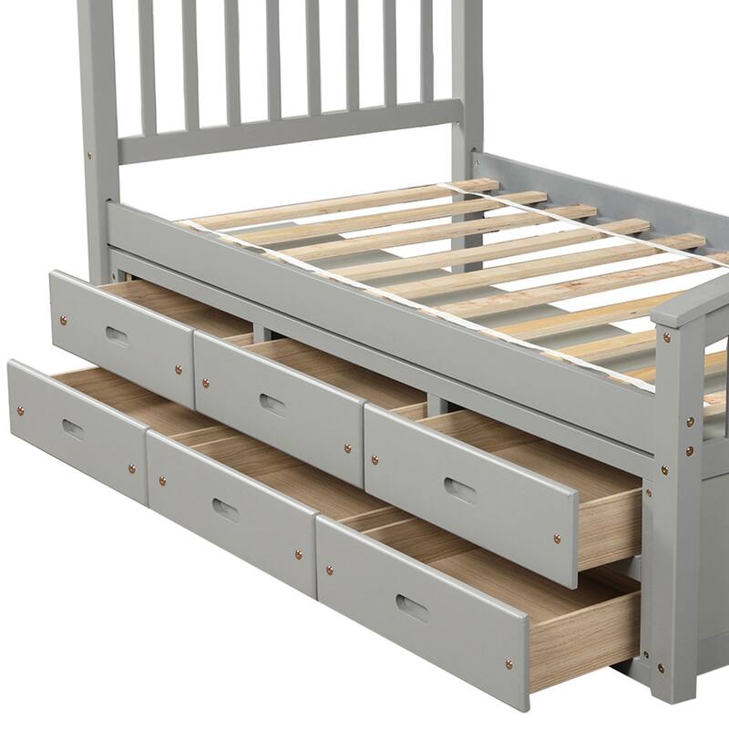 Twin Bed with Storage, Twin Size Daybed with 6 Drawers, Wood Storage Bed Frame, Twin Size Platform Bedframe, Solid Wood Bedframe