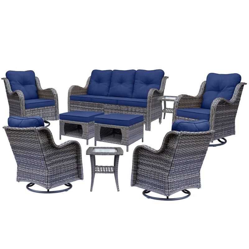 Gray Rattan Outdoor Patio Conversation Sets with Swivel Rocker Chairs