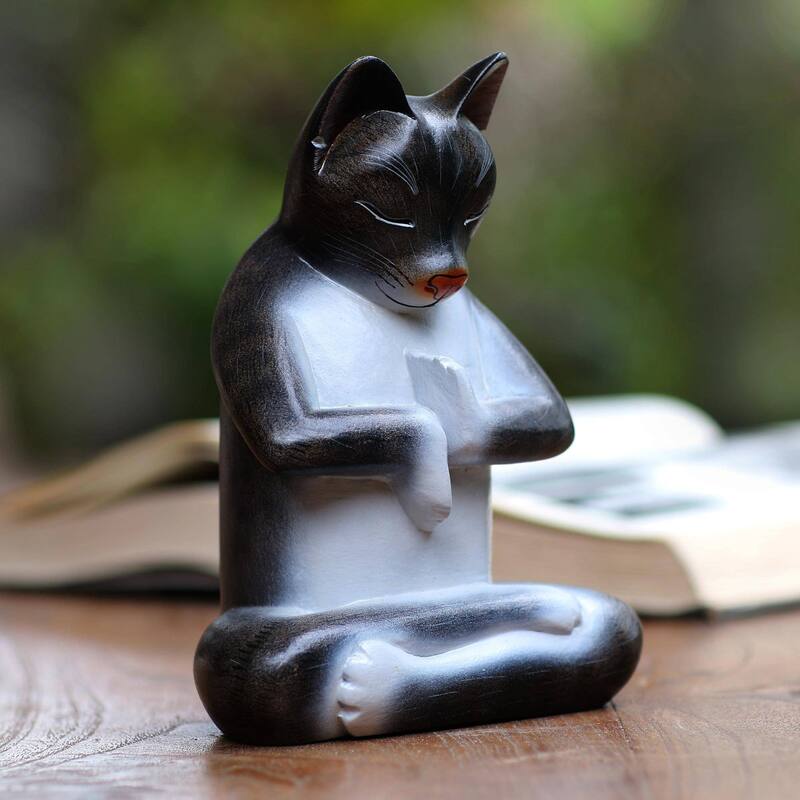 Novica Handmade Full Lotus Cat In Grey Wood Sculpture - 6.5" H x 4.9" W x 3" D