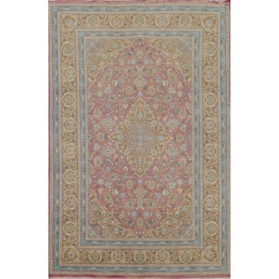 Floral Traditional Mashad Persian Vintage Rug Hand-Knotted Wool Carpet - 6'6"x 9'8"
