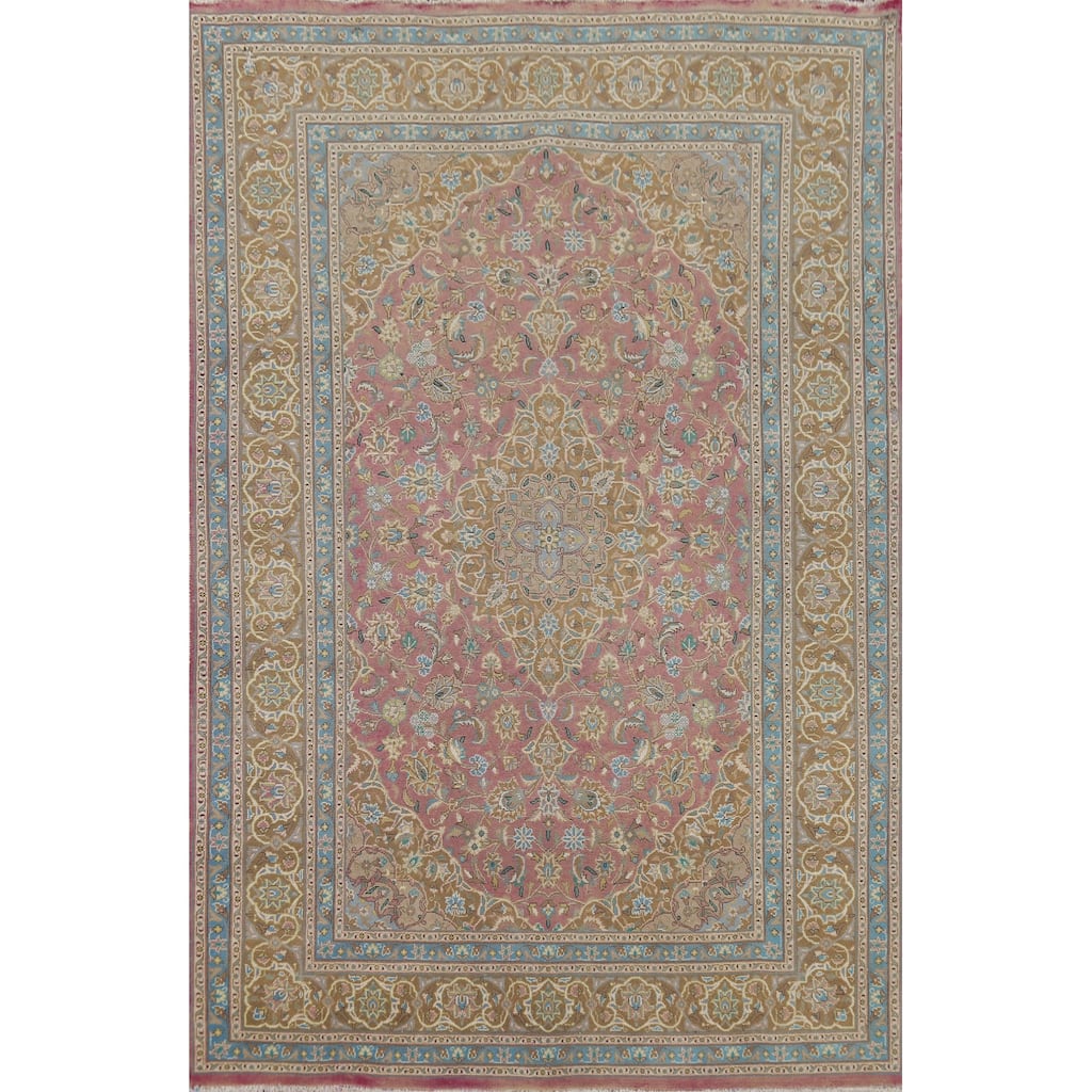 Floral Traditional Mashad Persian Vintage Rug Hand-Knotted Wool Carpet - 6'6"x 9'8"