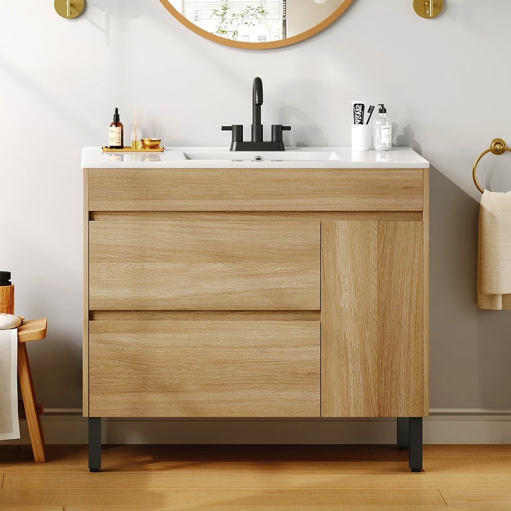 Moasis 36 Inch Freestanding Bathroom Vanity with Ceramic Sink 1 Cabinet and 2 Drawers