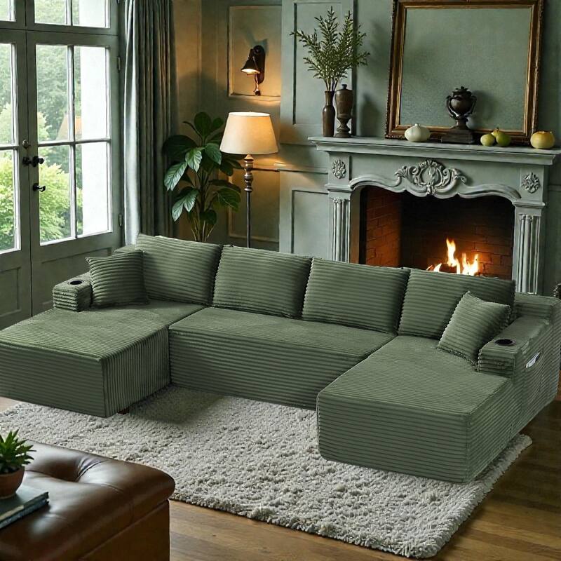 Compressible U-Shaped Modular Sectional Sofa, Corduroy Cloud Couch, 6-Seat Minimalist Living Room Sofa - Green
