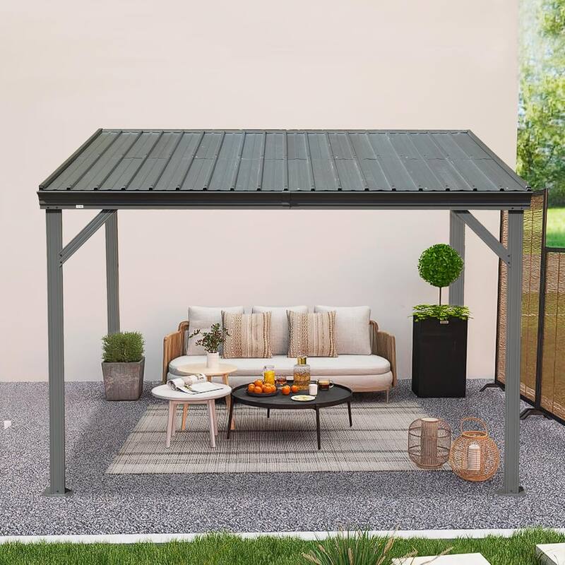 8' x10' Lean to Gazebo with Upgraded Drainage System, Wall Mounted Gazebo Hardtop Galvanized Steel Sloping Roof
