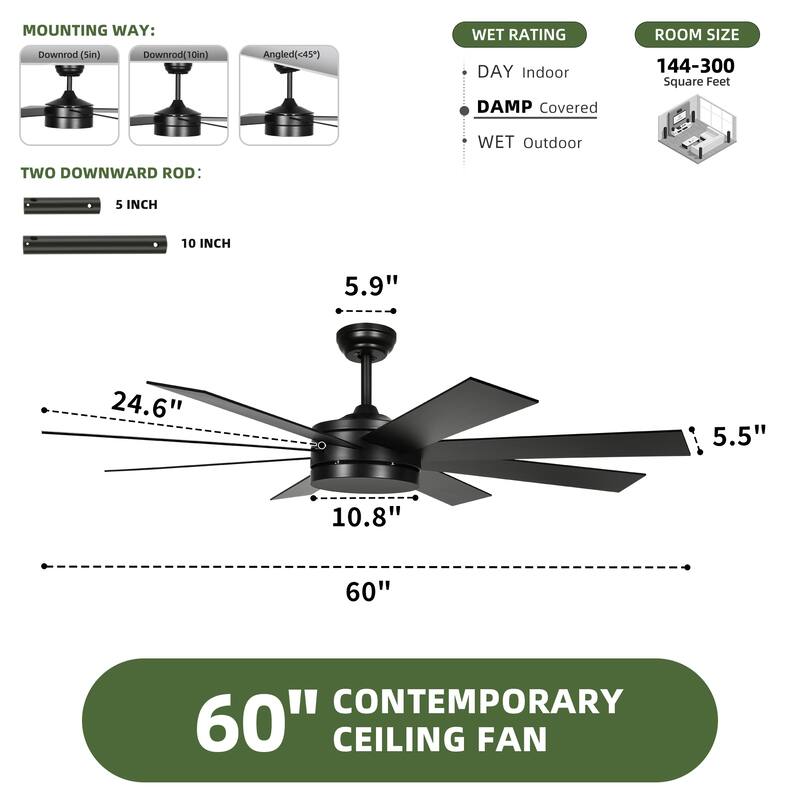 60 Inch Ceiling Fan No Light with Remote