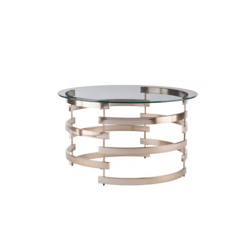 32" Round Clear Glass Coffee Table with Champagne Iron Base Contemporary Living Room Table - 32”L x 32”W x 18.5”H