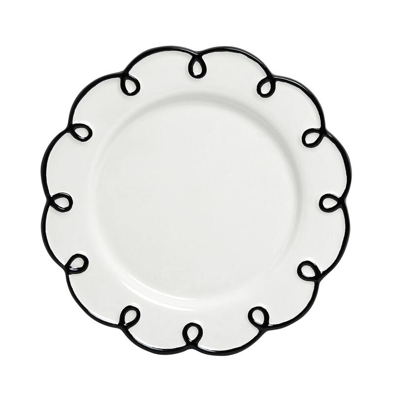 Sango Splash of Cheers 12-Piece Earthenware Dinnerware Set for 4- White with Black Scalloped Rims