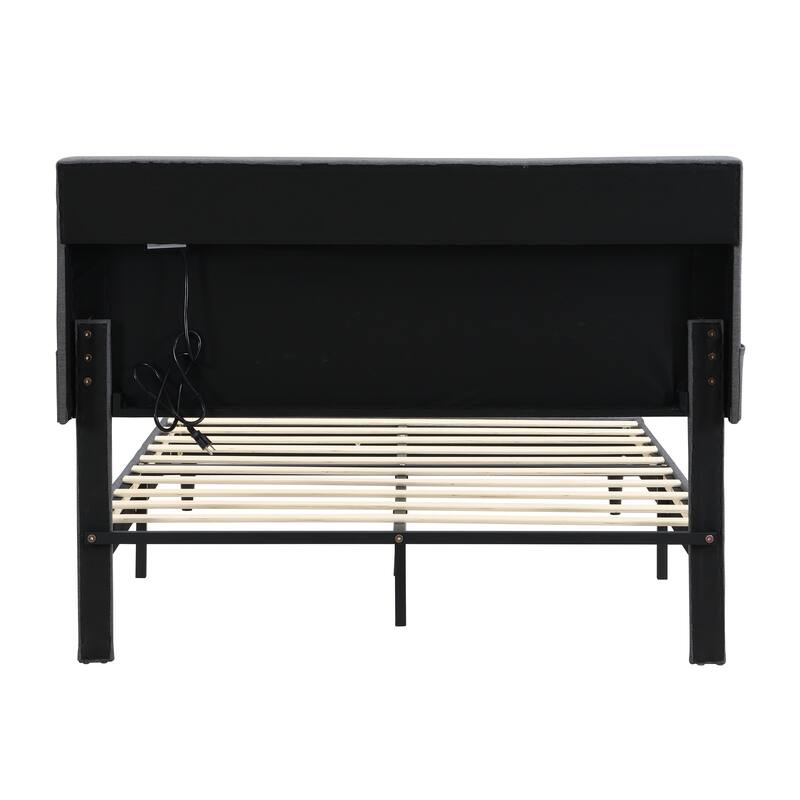 Modern Upholstered King Platform Bed with USB Ports, Storage Headboard & Side Pockets, No Box Spring Needed, Dark Grey