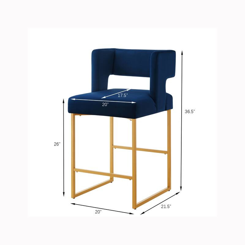 Counter Height Bar Stools Set of 2, Velvet Upholstered Bar Stools with Open Backrest, Breakfast Bar Chairs with Metal Footrest