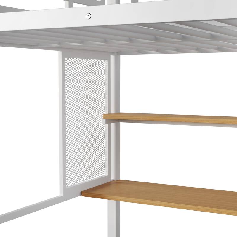 White Full Metal Loft Bed with Wardrobe, Desk & Storage Shelves