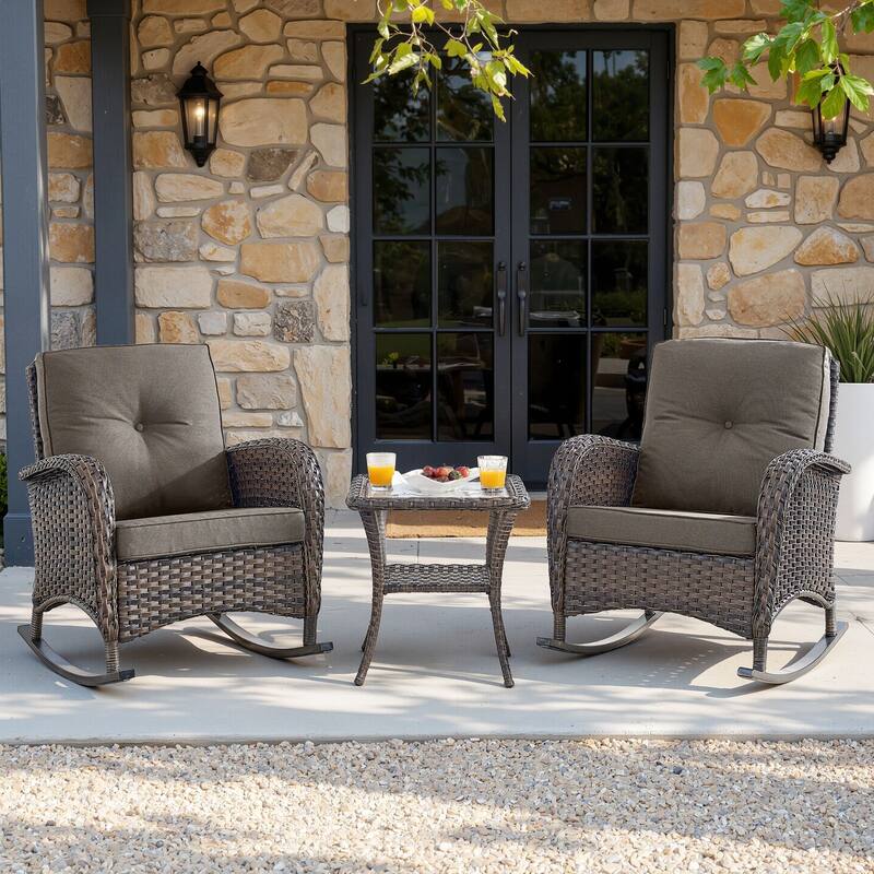 PlainCurve 3-Piece Wicker Outdoor Patio Conversation Set with Rocking Chairs and Olefin Cushions - Gray Cushions - Brown Wicker
