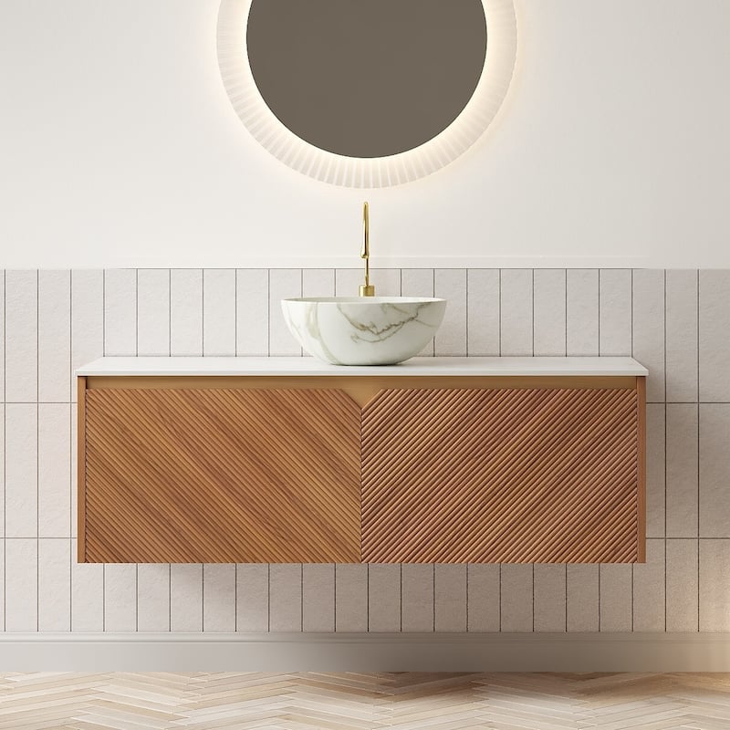 Wall-mounted Bathroom Vanity with Bowl Vessel Basin - 48 - Brown Oak+Stone White