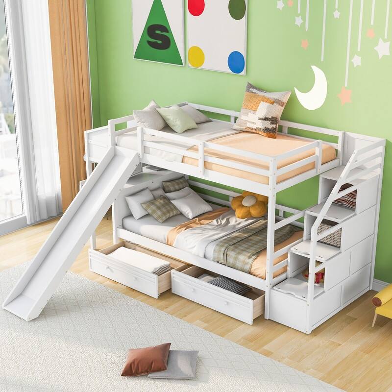 Twin over Twin Bunk Bed with Storage Staircase, Slide and Drawers, Desk with Drawers and Shelves