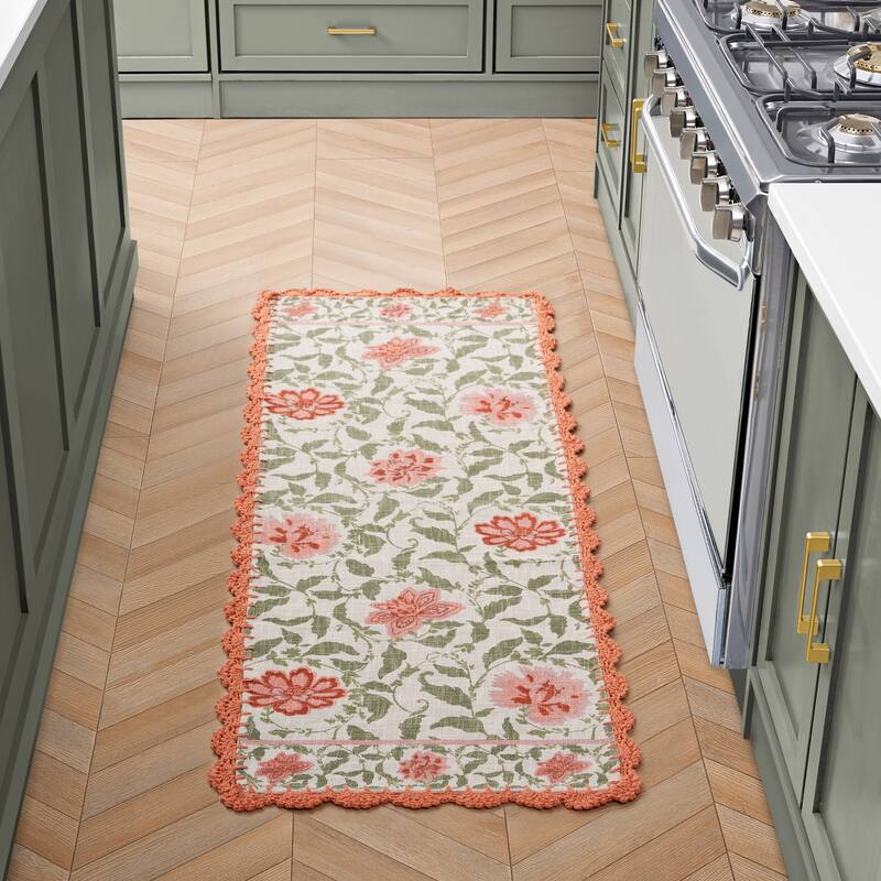 Laura Ashley Cotton Slub Crochet Border Rugs - 1'8" x 5' - Pale Poppy