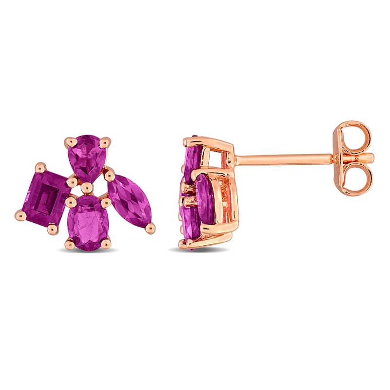 Miadora Multi-Gem Cluster Stud Earrings Sterling Silver - Red