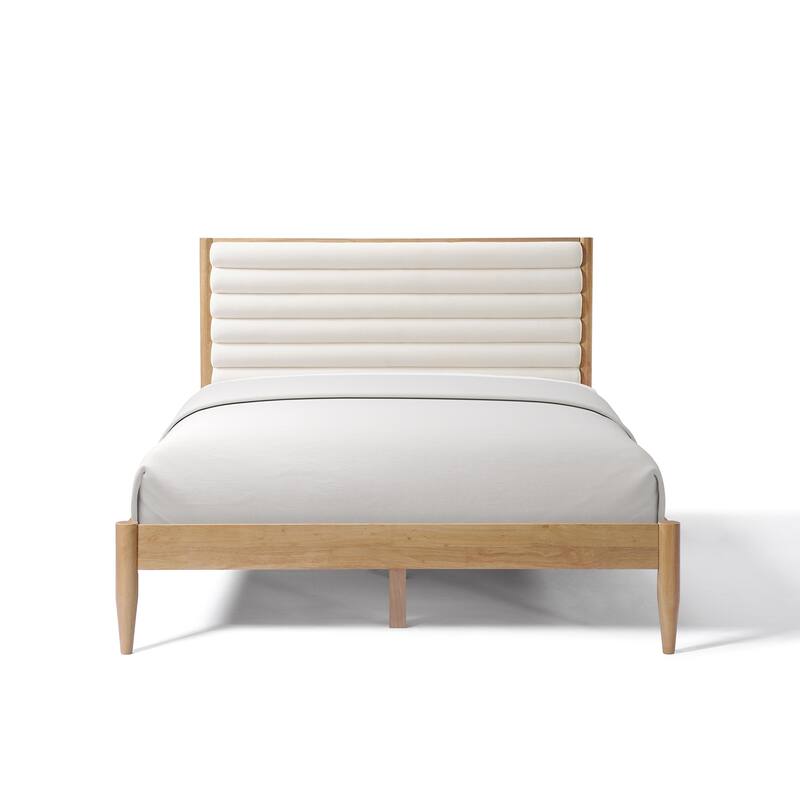 Solid Wood Bed Frame Queen Size Platform Bed with Upholstered Headboard & Tapered Legs