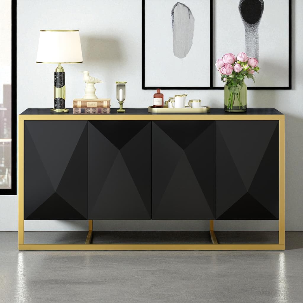 Modern Mahogany Veneer Sideboard Cabinet with Metal Legs and Irregular Doors for Entryway or Foyer