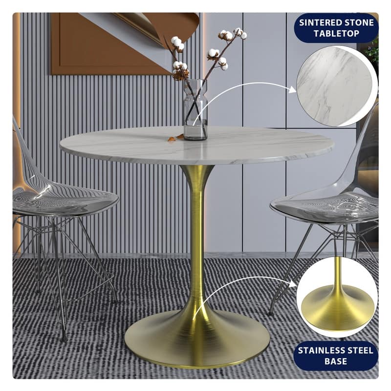 Verve 36" Round Dining Table with Stone Top and Brushed Gold Base - 29.34" H x 35.43" W x 35.43" D
