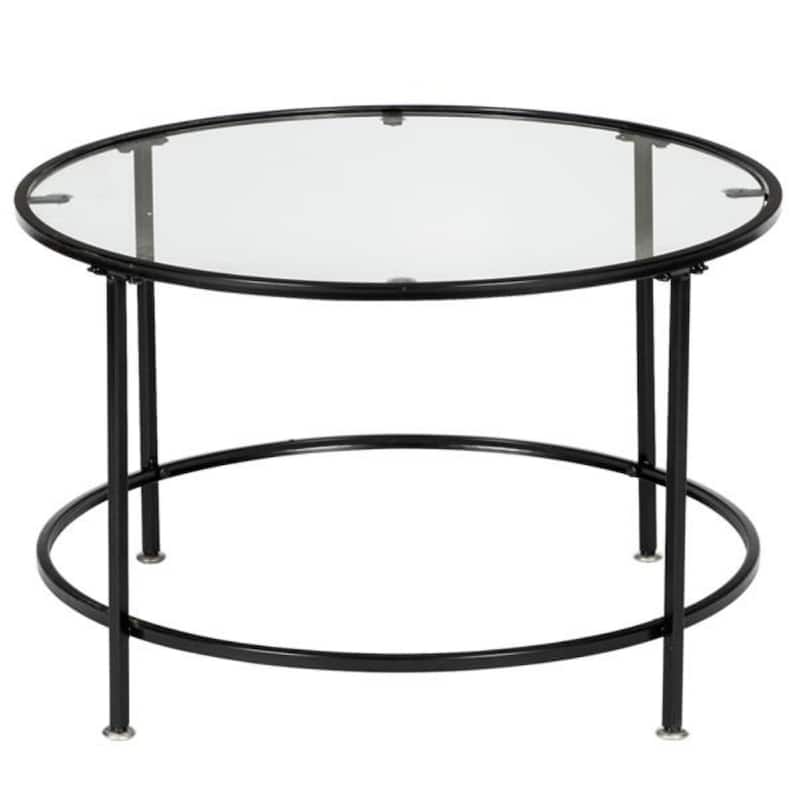 2 Layers 5mm Thick Tempered Glass Countertops Round Wrought Iron Coffee Table - Black - 25.98"L x 25.98"W x 16.53"H - Black