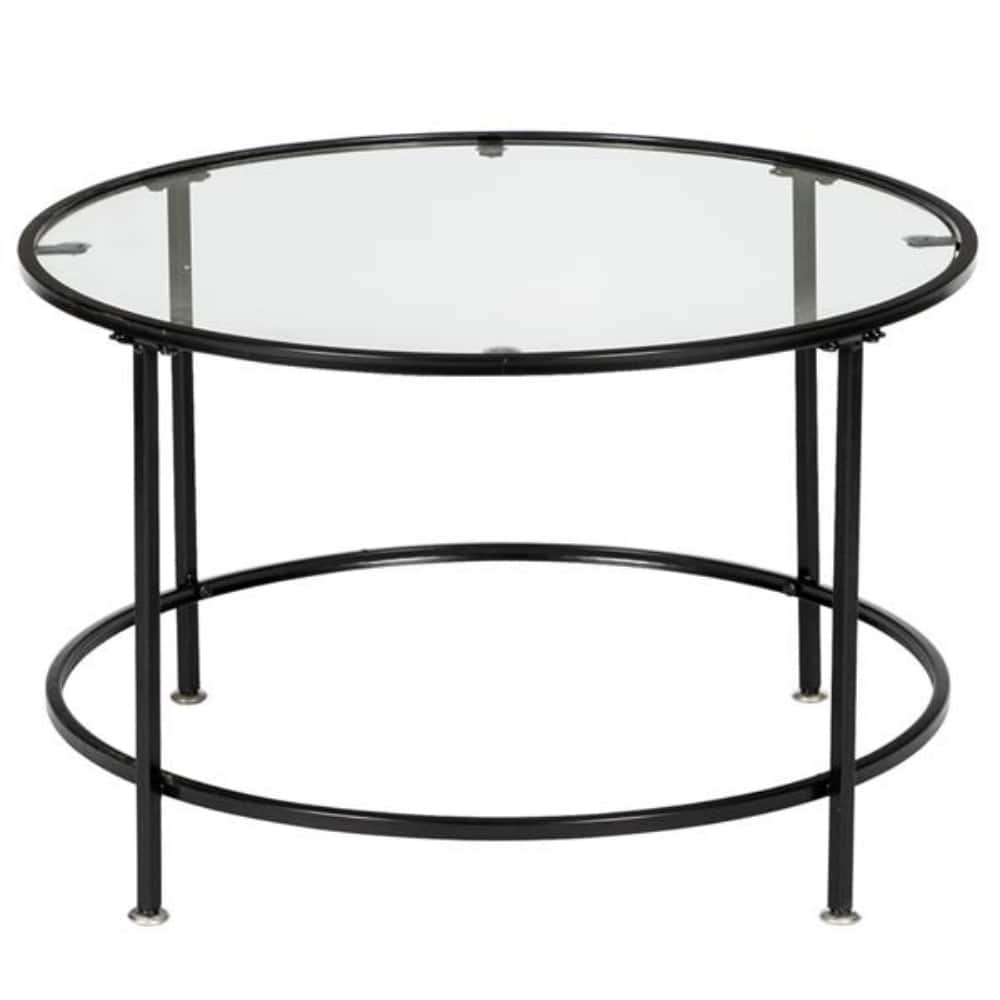 2 Layers 5mm Thick Tempered Glass Countertops Round Wrought Iron Coffee Table - Black - 25.98"L x 25.98"W x 16.53"H