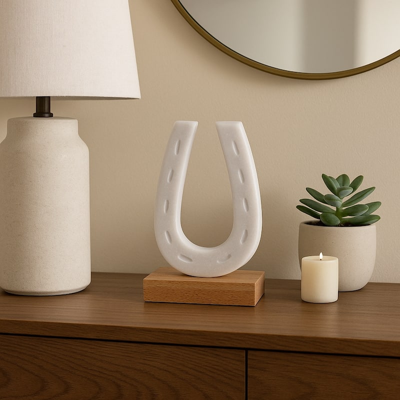 Marble Horseshoe Figurine with Wooden Base - 8", White & Brown - 8.25" - White - 8.25"