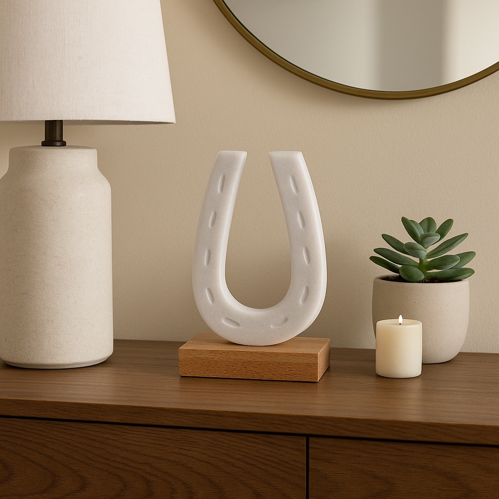Marble Horseshoe Figurine with Wooden Base - 8", White & Brown - 8.25"