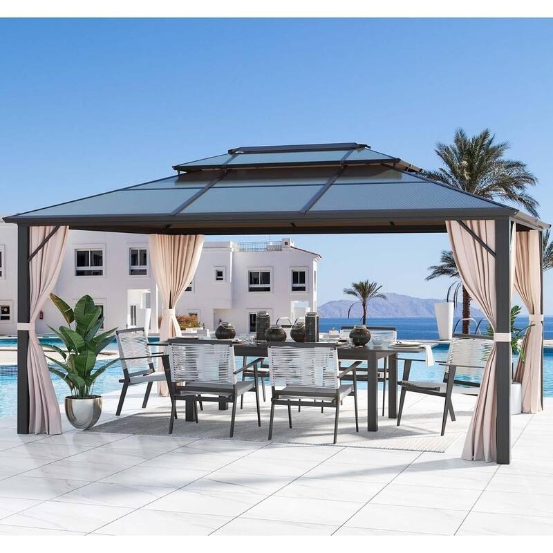 Outdoor Hardtop Gazebo for patio,Polyester Double Roof Canopy, Permanent Pavilion with Aluminum Frame,Curtains & Netting - 10'x13' - Double Roof