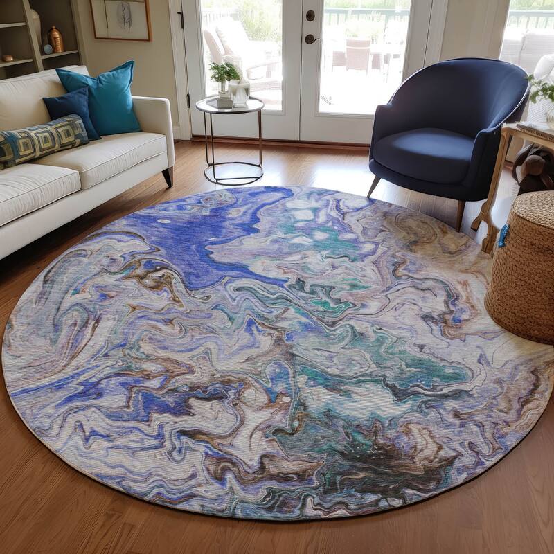 Machine Washable Indoor/ Outdoor Chantille Abstract Contempoary Rug - Beige - 8' x 8'