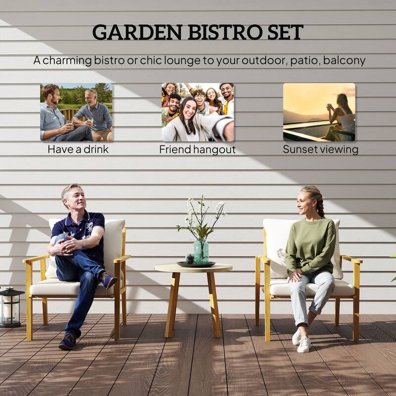 3 Piece Cream White Outdoor Armchair Set with Table and Cushions - 26.8" W x 30.3" D x 30.3" H