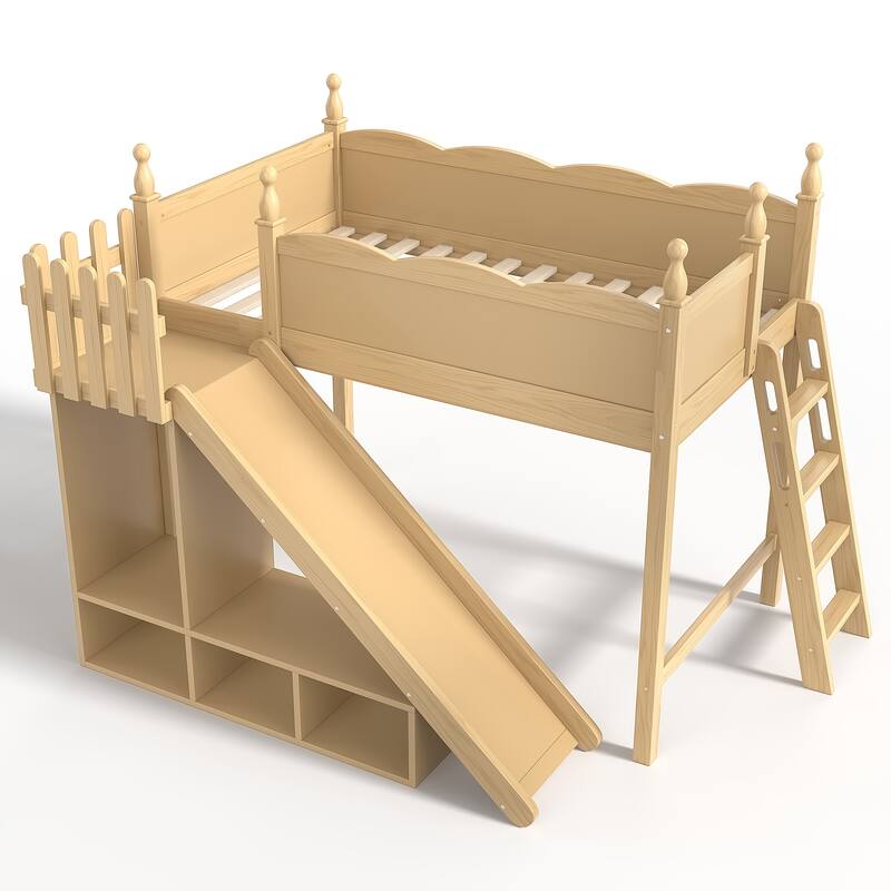 Twin Loft Bed with Storage Shelves and Wardrobe, Solid Wood Loft Beds with Detachable Slide and Ladders, No Spring Box Needed