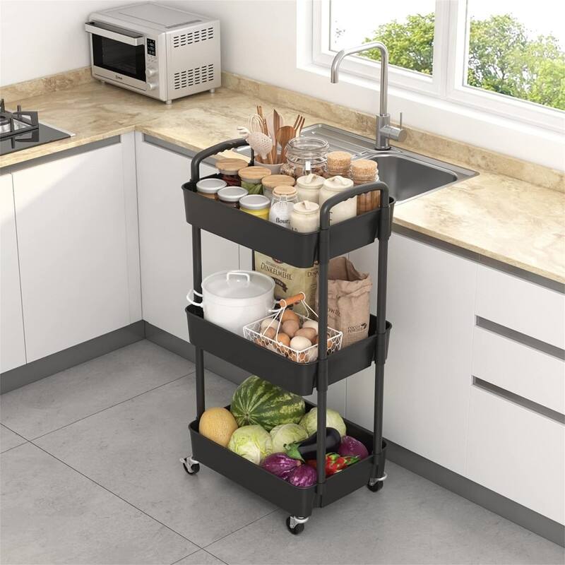 3-Tier Plastic Rolling Utility Cart - 11.42"D x 15.35"W x 29.92"H