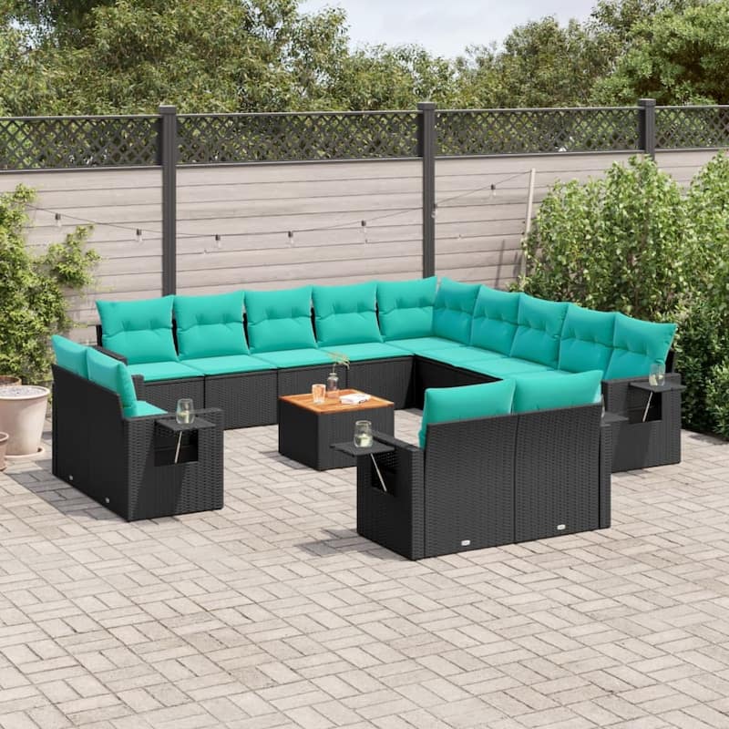 vidaXL 14 Piece Patio Sofa Set with Cushions Black Poly Rattan - 24.4 x 24.4 x 27.2