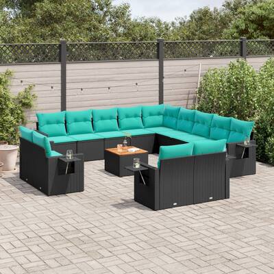 vidaXL 14 Piece Patio Sofa Set with Cushions Black Poly Rattan - 24.4 x 24.4 x 27.2